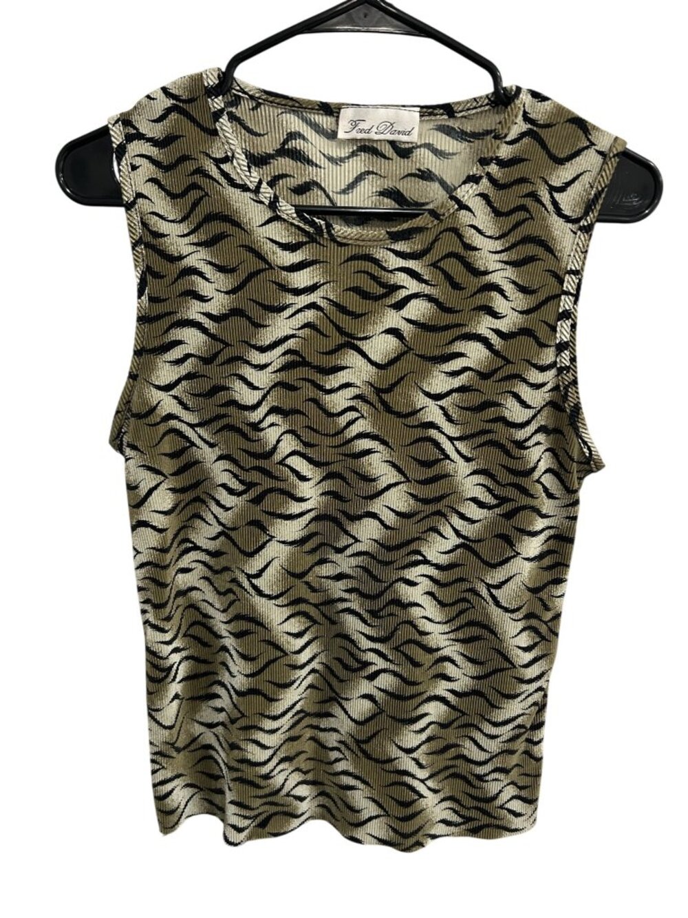 Fred David Gold Black Abstract Print Sleeveless Ribbed Lightweight Tank Top